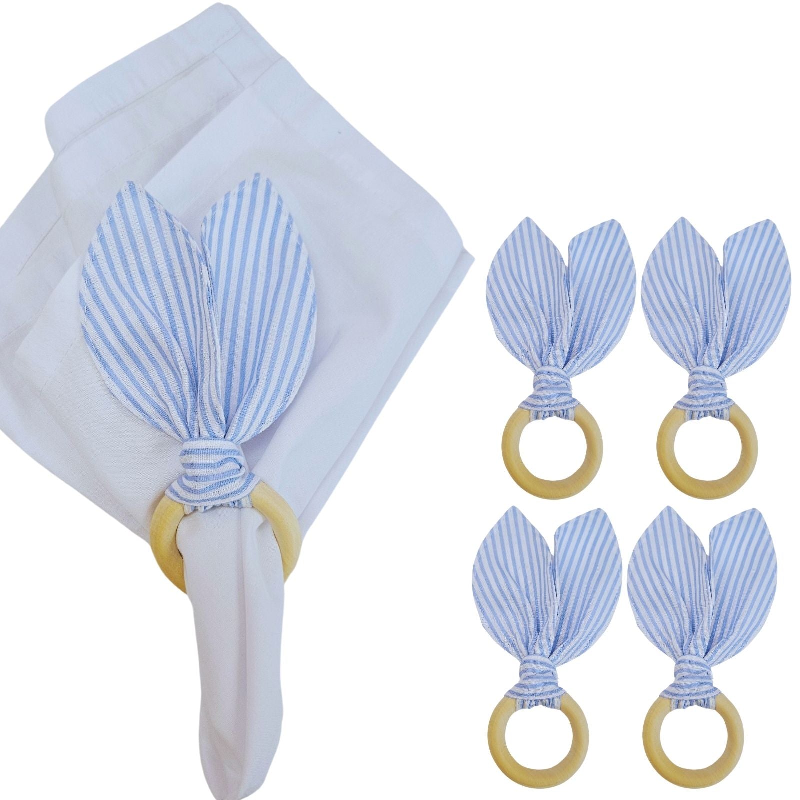 Maison Charlo | Easter Set of 4 Blue Striped Bunny Ears Napkin Rings | Dining Table Decor