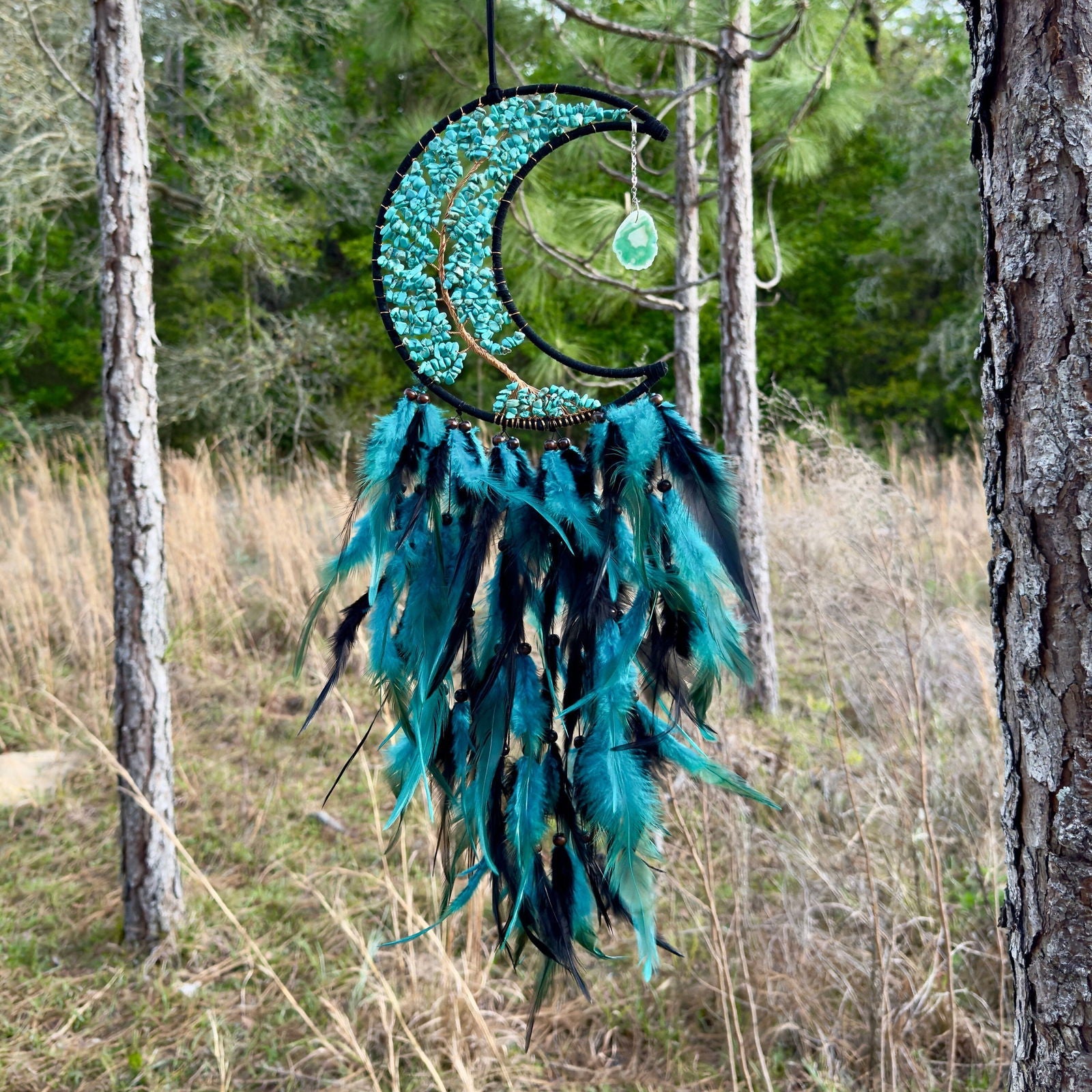 Medium Wall Hanging Crescent Moon Dream Catcher with Turquoise Stones & Hanging Stone Charm with Turquoise Black Feathers Modern Home Decor
